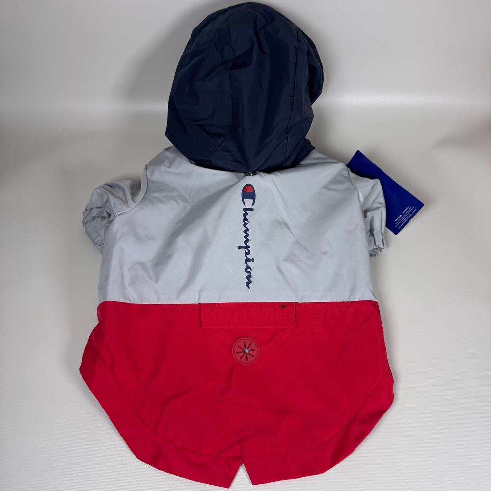 Champion Raincoat Hooded Packable Dog's Jacket Size Medium Red Grey Navy NWT